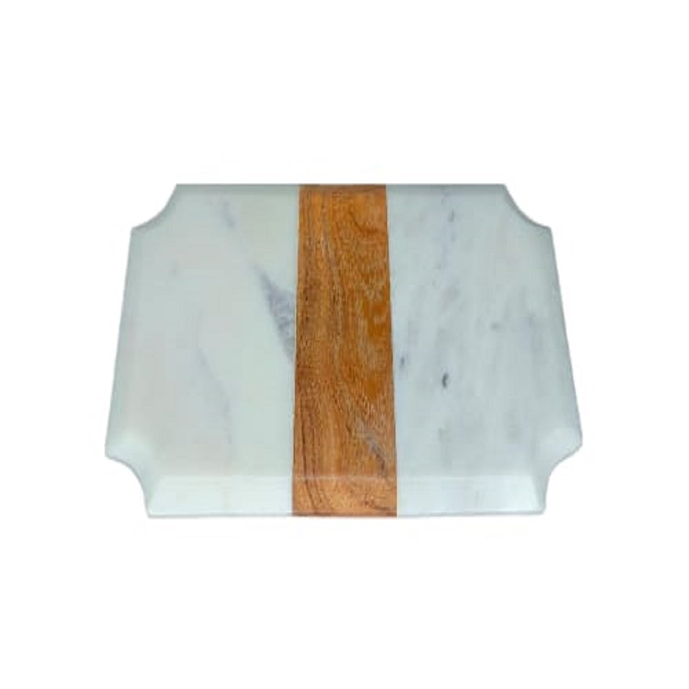 SWHF Cutting Board with White Marble and Natural Wood, Cheese Board Serving Board for Steak Fruits, Chopping Board for Bread elongated edges sides