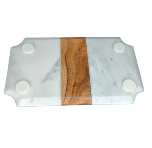 SWHF Cutting Board with White Marble and Natural Wood, Cheese Board Serving Board for Steak Fruits, Chopping Board for Bread elongated edges sides