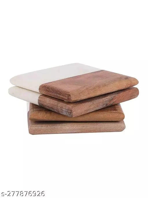SWHF Marble & Wooden Coaster Set White & Brown Square Shape Coaster for Dining Table Kitchen Decor Marble and Wood Coaster Set Suitable for All Kinds of Mugs and Cups Diameter Pack of 4