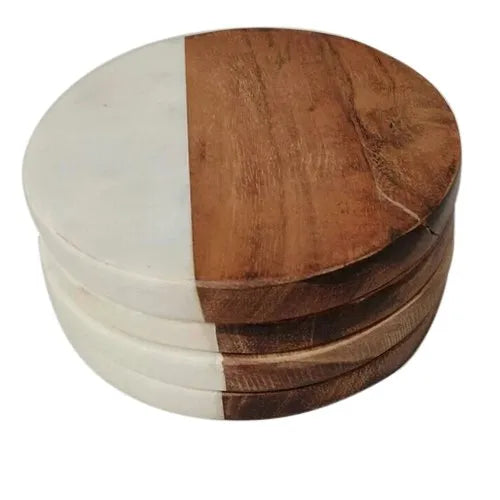 SWHF Marble & Wooden Coaster Set White & Brown Round Shape Coaster for Dining Table Kitchen Decor Marble and Wood Coaster Set Suitable for All Kinds of Mugs and Cups Diameter Pack of 4