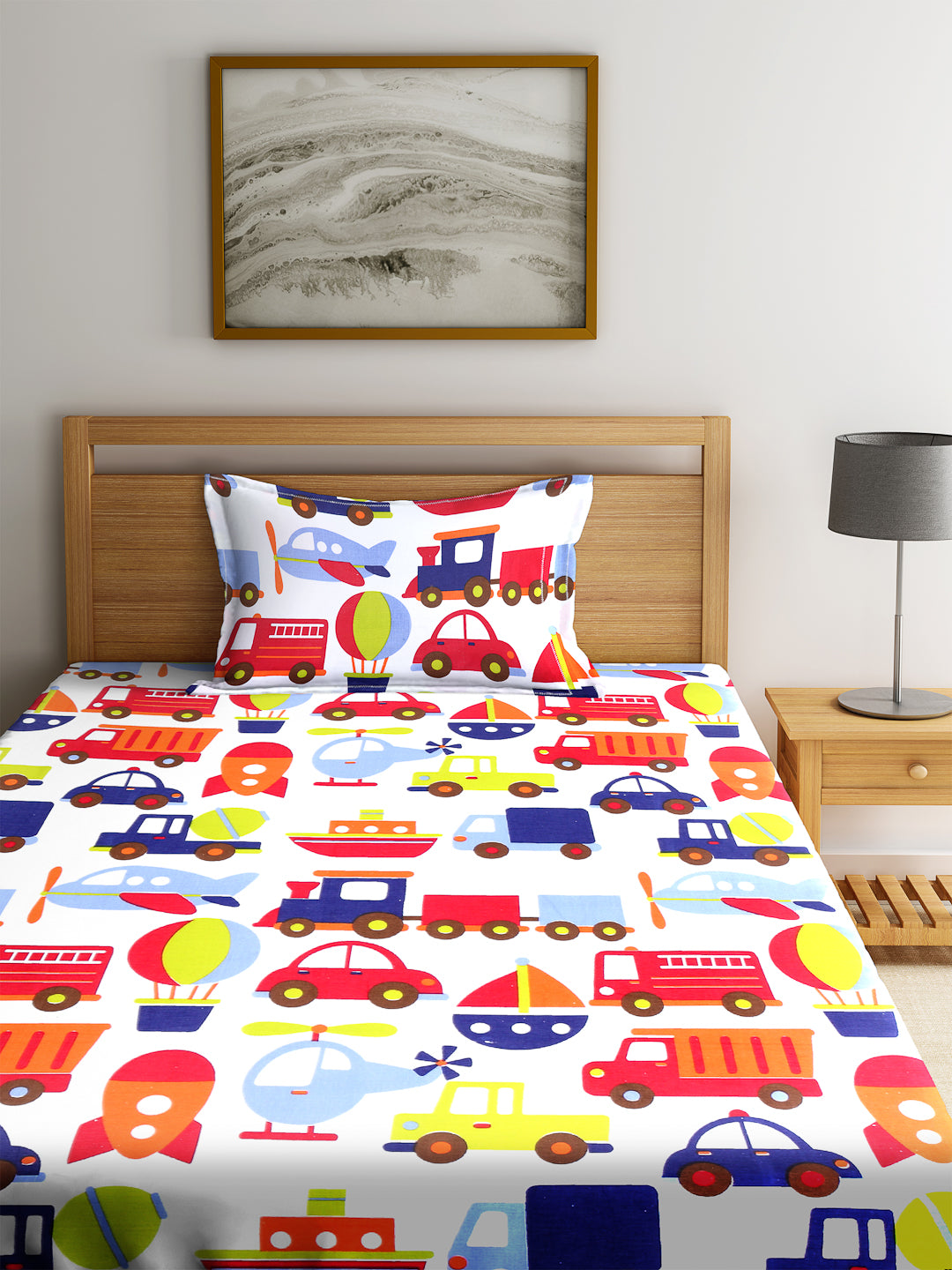 Chic Home Kids 180 TC Cotton Single Bedsheet with One Pillow Covers -Multi - SWHF