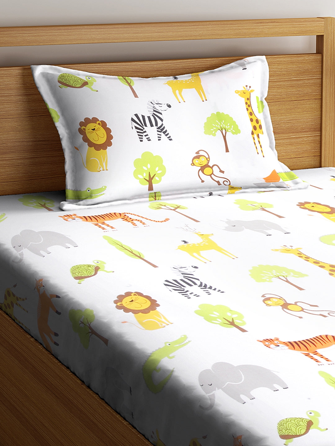 SWHF Chic Home Kids 180 TC Cotton Single Bedsheet with One Pillow Covers (Zoo)