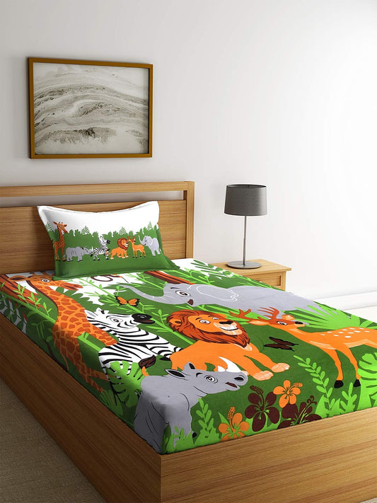 SWHF Chic Home Kids 180 TC Cotton Single Bedsheet with One Pillow Covers (Jungle)