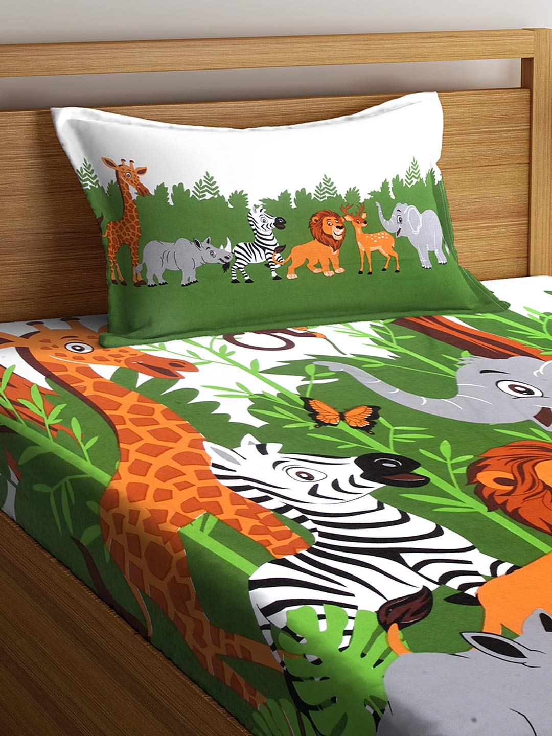 SWHF Chic Home Kids 180 TC Cotton Single Bedsheet with One Pillow Covers (Jungle)