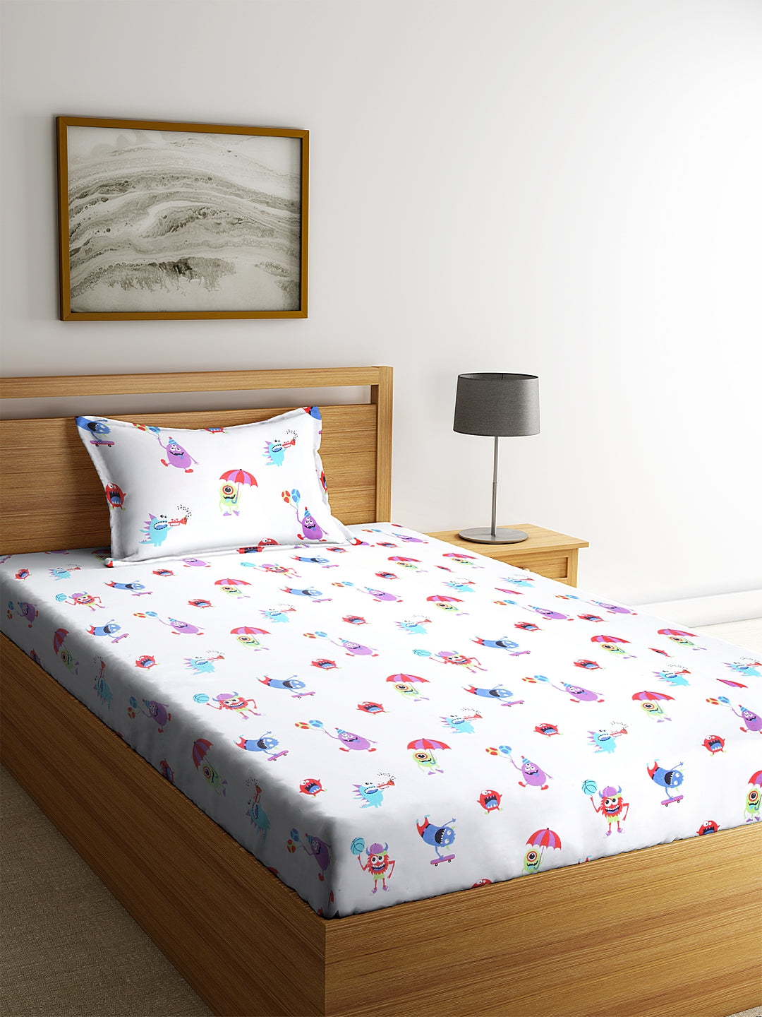 SWHF Chic Home Kids 180 TC Cotton Single Bedsheet with One Pillow Covers (Monsters Hunt)