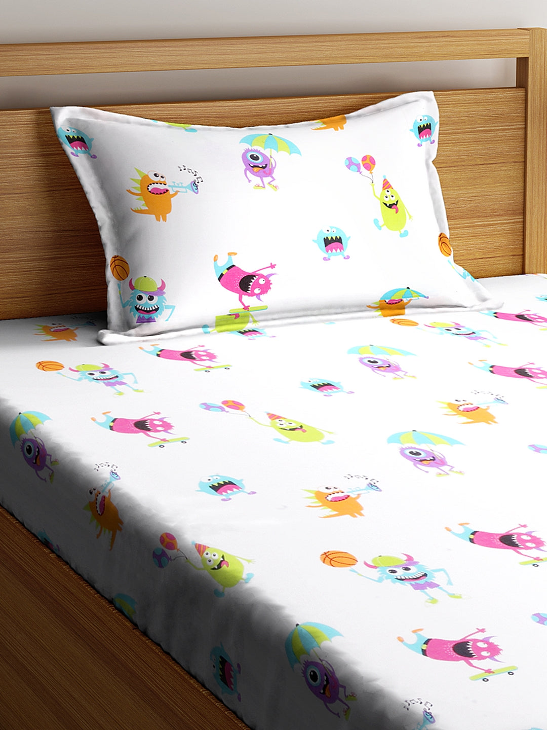SWHF Chic Home Kids 180 TC Cotton Single Bedsheet with One Pillow Covers (Monsters Hunt-1)