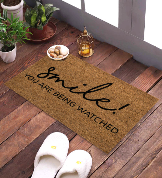 SWHF Coir Door Mat with Anti Skid Rubberized Backing:Brown (Smile ! You are Being Watched) - SWHF