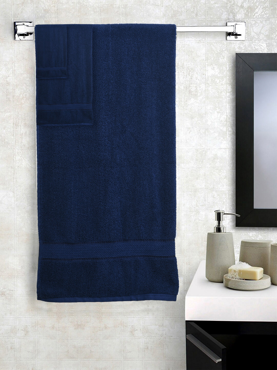 SWHF Chic Home Casual Bath, Hand and Washcloth Terry Navy Blue Towel- Set of 3
