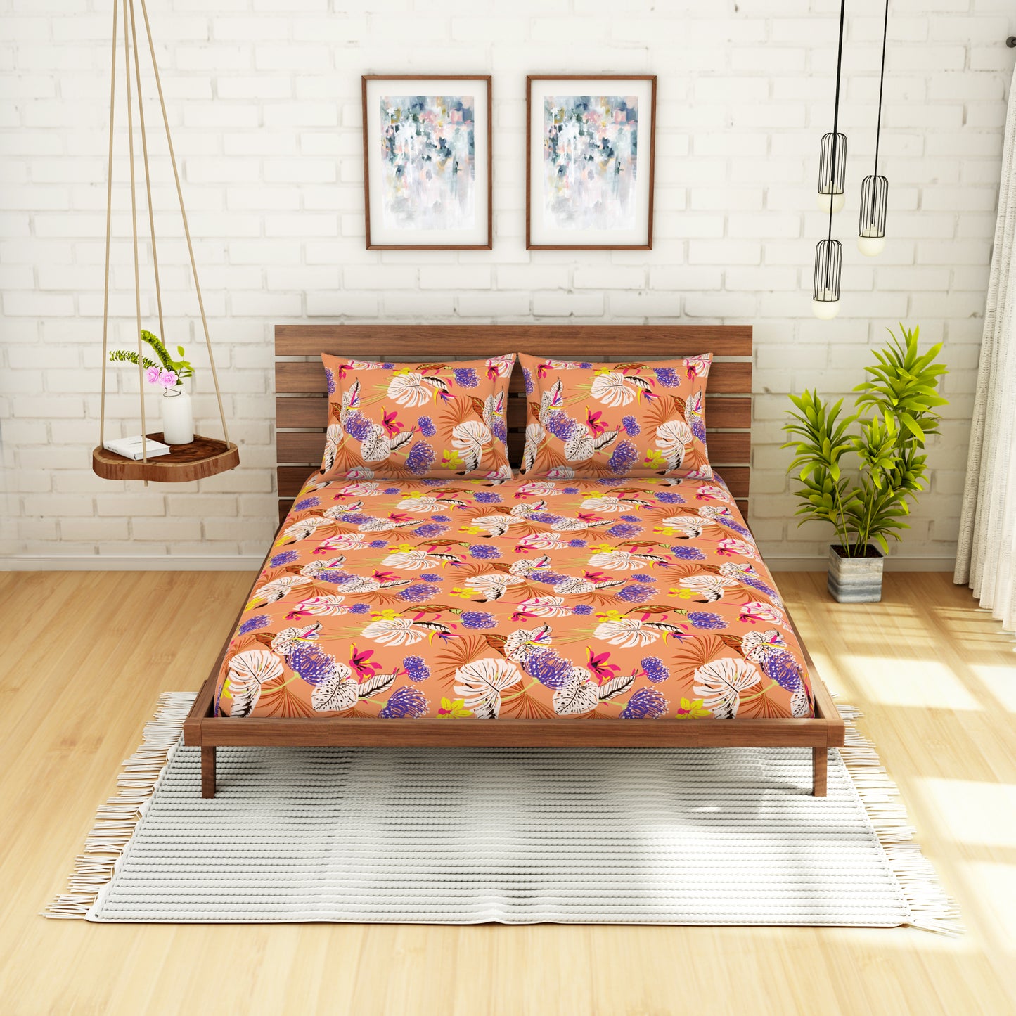 <h4>Spaces 104 TC Cotton Double Bed Sheet with 2 Pillow Covers (Orange)</h4>