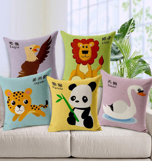 SWHF Soft Decorative Animal Cartoon Printed Velvet Cushion Cover Set of 5 for Kids: Multi